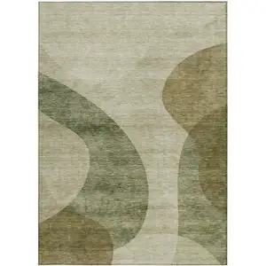 Photo of Beige And Chocolate Abstract Washable Indoor Outdoor Area Rug