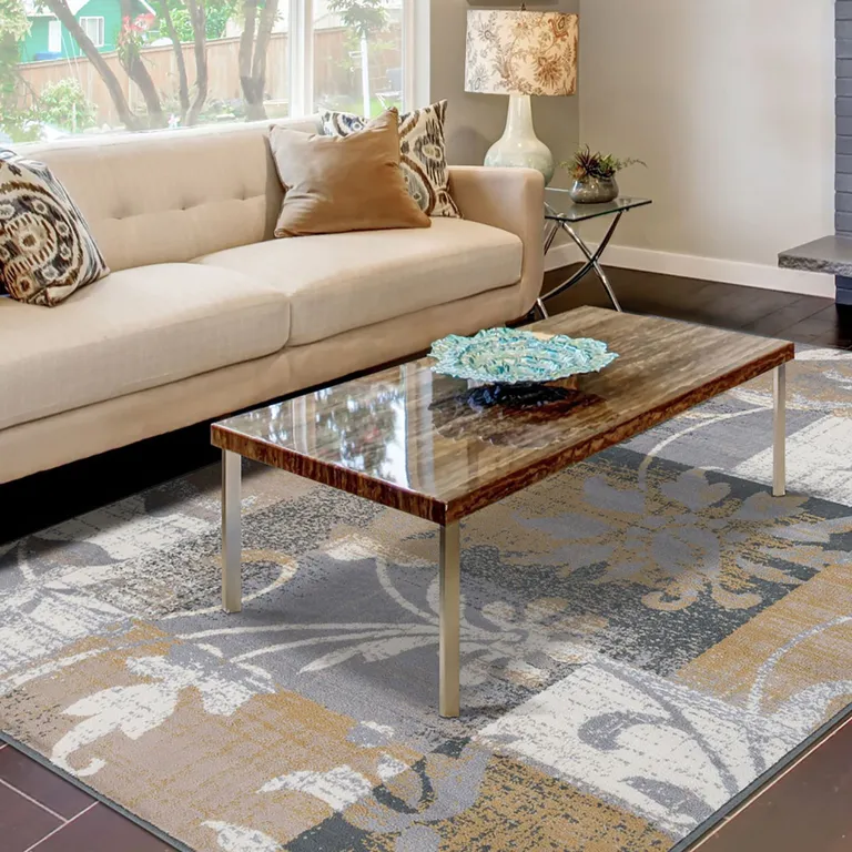 Beige And Gray Floral Power Loom Distressed Stain Resistant Area Rug Photo 2