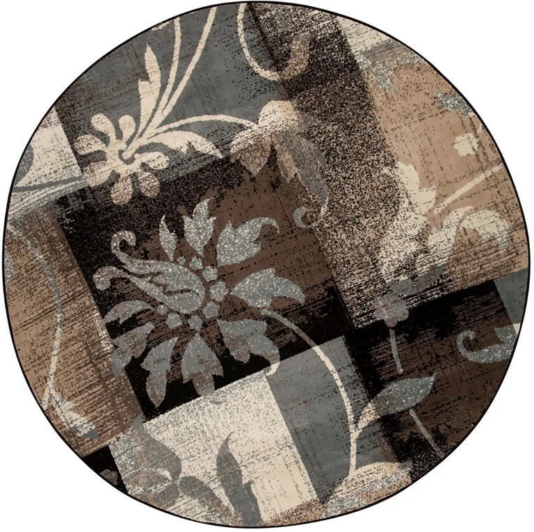 Beige And Gray Round Floral Power Loom Distressed Stain Resistant Area Rug Photo 1