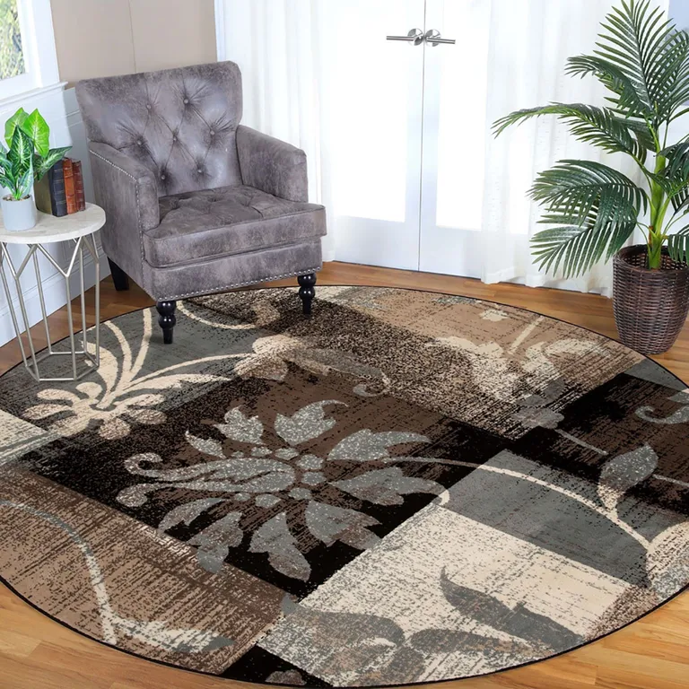 Beige And Gray Round Floral Power Loom Distressed Stain Resistant Area Rug Photo 2