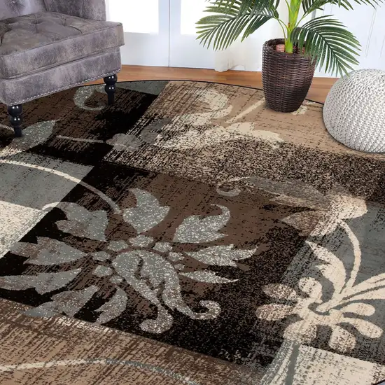 Beige And Gray Round Floral Power Loom Distressed Stain Resistant Area Rug Photo 6