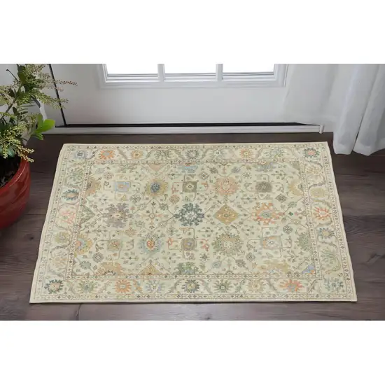 Beige And Green Wool Oriental Hand Knotted Area Rug With Fringe Photo 1