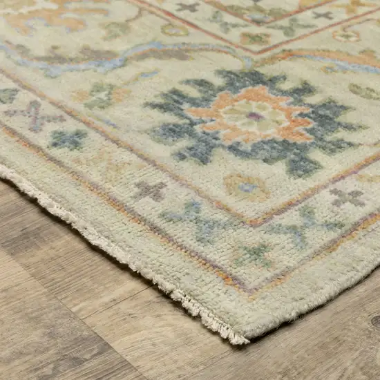 Beige And Green Wool Oriental Hand Knotted Area Rug With Fringe Photo 6