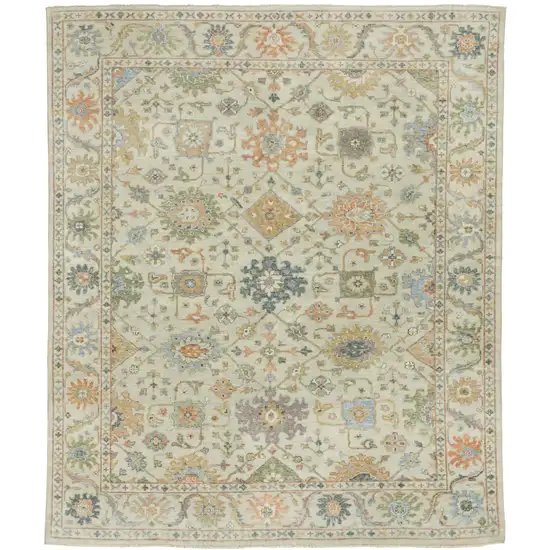 Beige And Green Wool Oriental Hand Knotted Area Rug With Fringe Photo 4