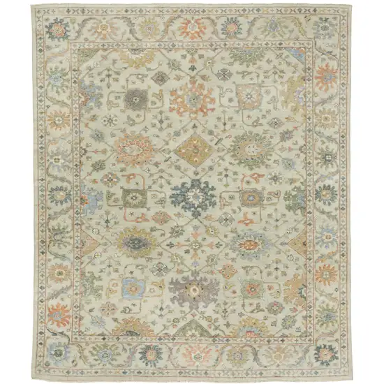 Beige And Green Wool Oriental Hand Knotted Area Rug With Fringe Photo 2