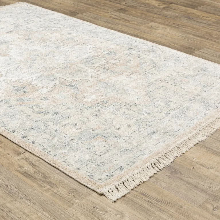 Beige And Grey Oriental Hand Loomed Stain Resistant Area Rug With Fringe Photo 5