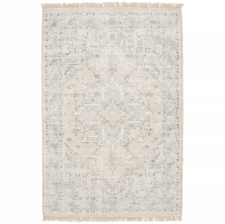 Beige And Grey Oriental Hand Loomed Stain Resistant Area Rug With Fringe Photo 2