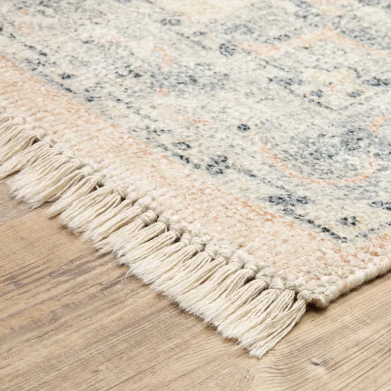 Beige And Grey Oriental Hand Loomed Stain Resistant Area Rug With Fringe Photo 4