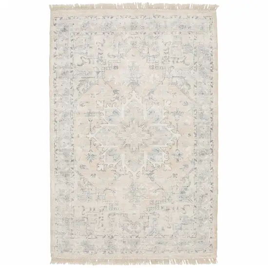 Beige And Grey Oriental Hand Loomed Stain Resistant Area Rug With Fringe Photo 2