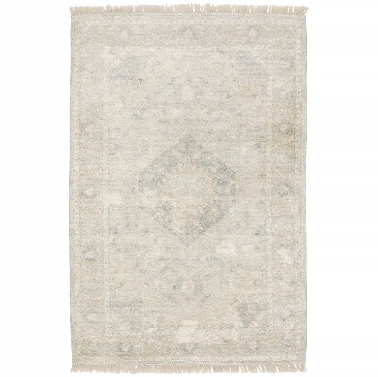 Beige And Grey Oriental Hand Loomed Stain Resistant Area Rug With Fringe Photo 1