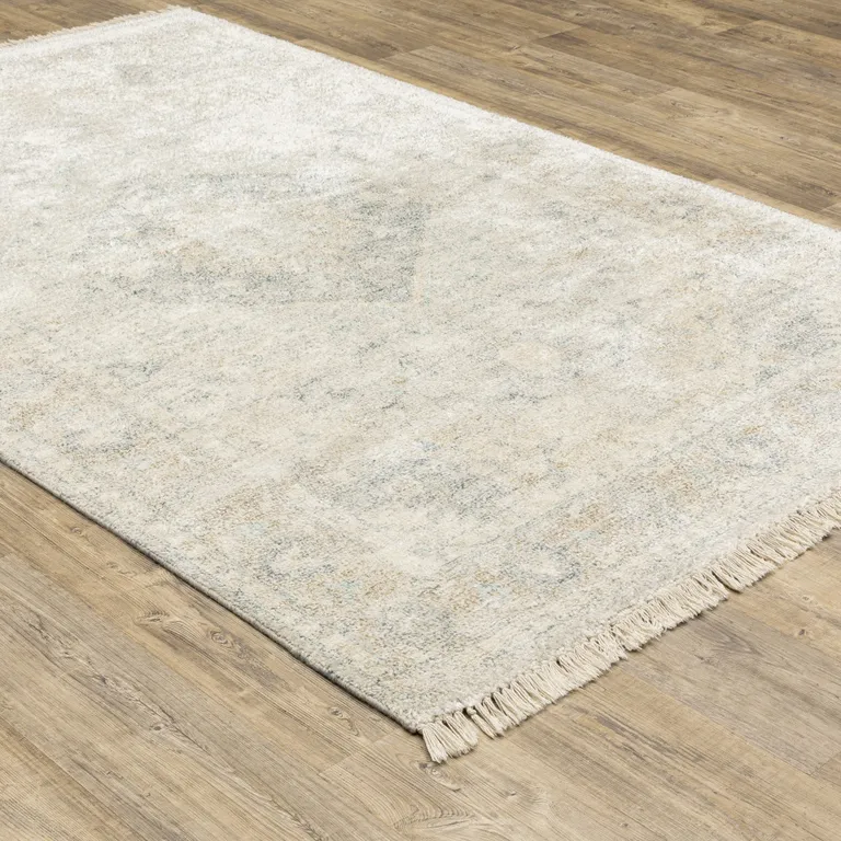 Beige And Grey Oriental Hand Loomed Stain Resistant Area Rug With Fringe Photo 3