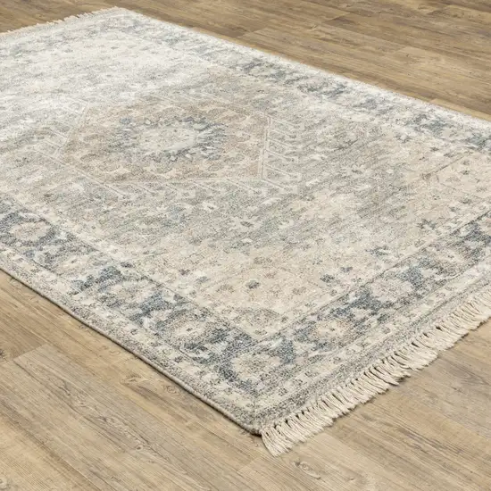 Beige And Grey Oriental Hand Loomed Stain Resistant Area Rug With Fringe Photo 5