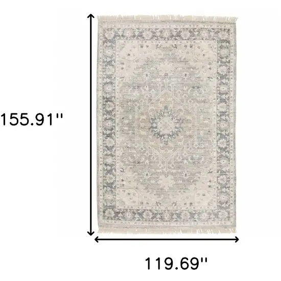 Beige And Grey Oriental Hand Loomed Stain Resistant Area Rug With Fringe Photo 10