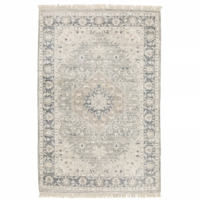 Beige And Grey Oriental Hand Loomed Stain Resistant Area Rug With Fringe Photo 1