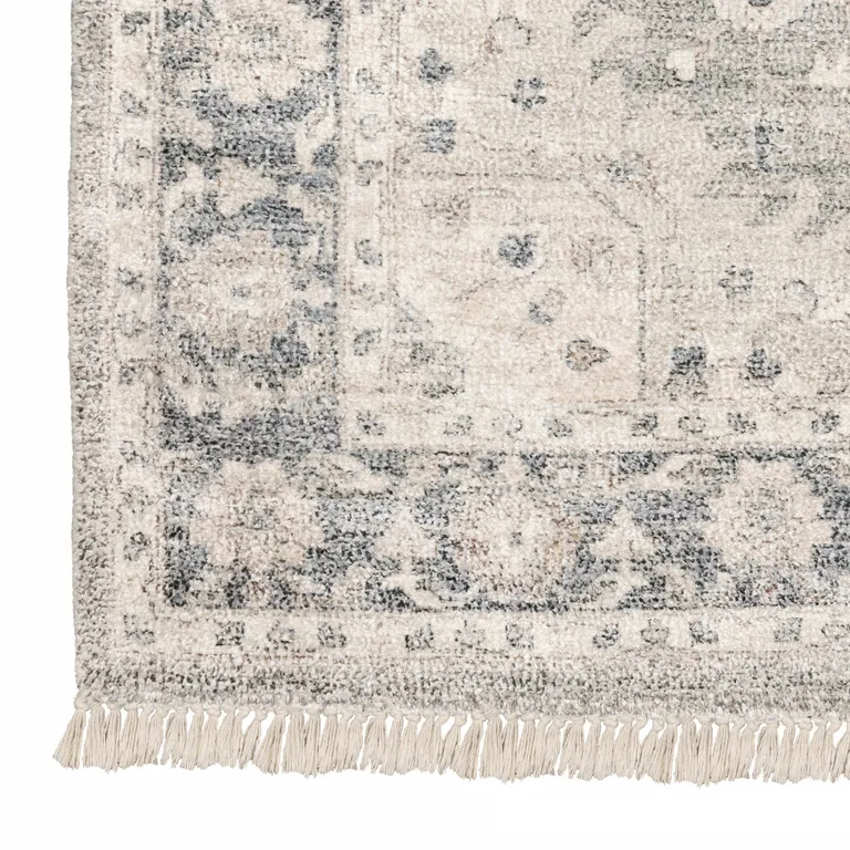 Beige And Grey Oriental Hand Loomed Stain Resistant Area Rug With Fringe Photo 2