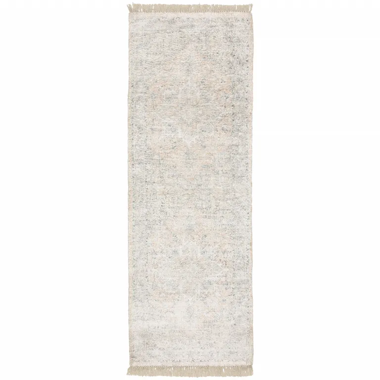 Beige And Grey Oriental Hand Loomed Stain Resistant Runner Rug With Fringe Photo 1