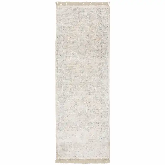 Beige And Grey Oriental Hand Loomed Stain Resistant Runner Rug With Fringe Photo 1