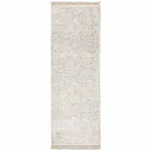 Photo of Beige And Grey Oriental Hand Loomed Stain Resistant Runner Rug With Fringe