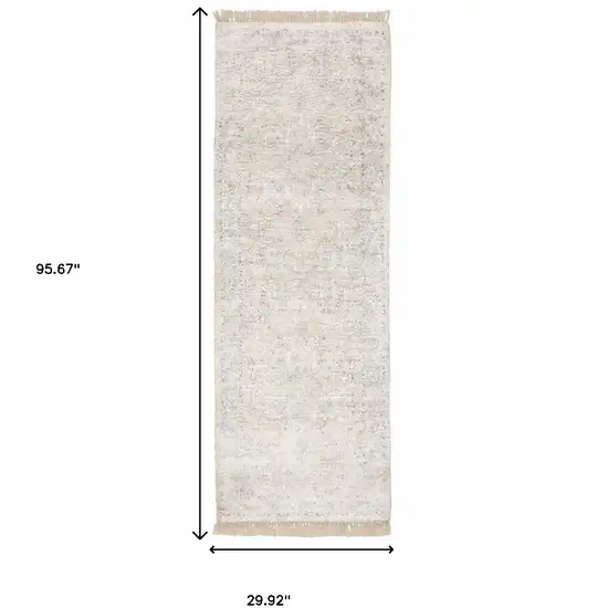 Beige And Grey Oriental Hand Loomed Stain Resistant Runner Rug With Fringe Photo 10