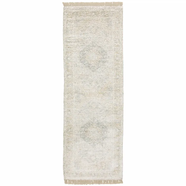 Beige And Grey Oriental Hand Loomed Stain Resistant Runner Rug With Fringe Photo 1