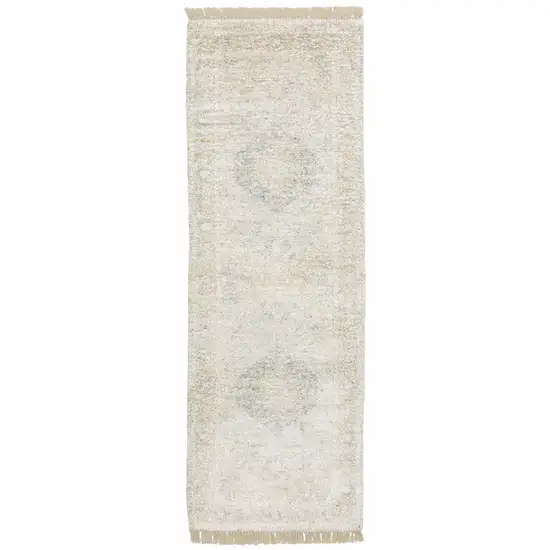 Beige And Grey Oriental Hand Loomed Stain Resistant Runner Rug With Fringe Photo 1