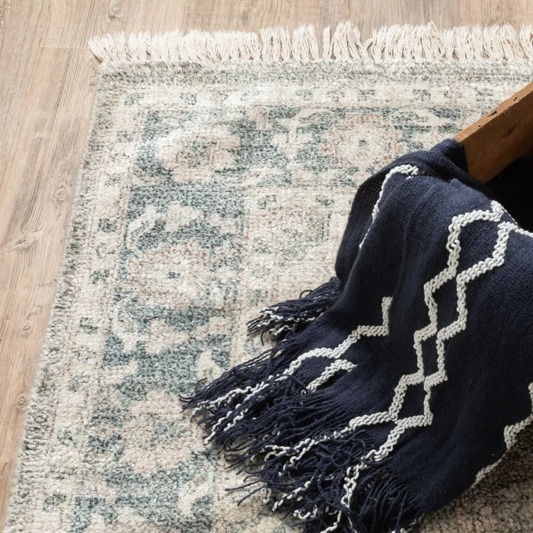 Beige And Grey Oriental Hand Loomed Stain Resistant Runner Rug With Fringe Photo 4