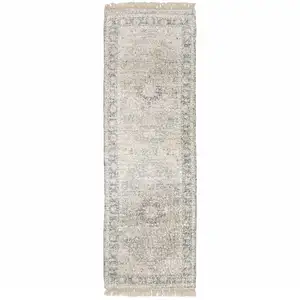 Photo of Beige And Grey Oriental Hand Loomed Stain Resistant Runner Rug With Fringe