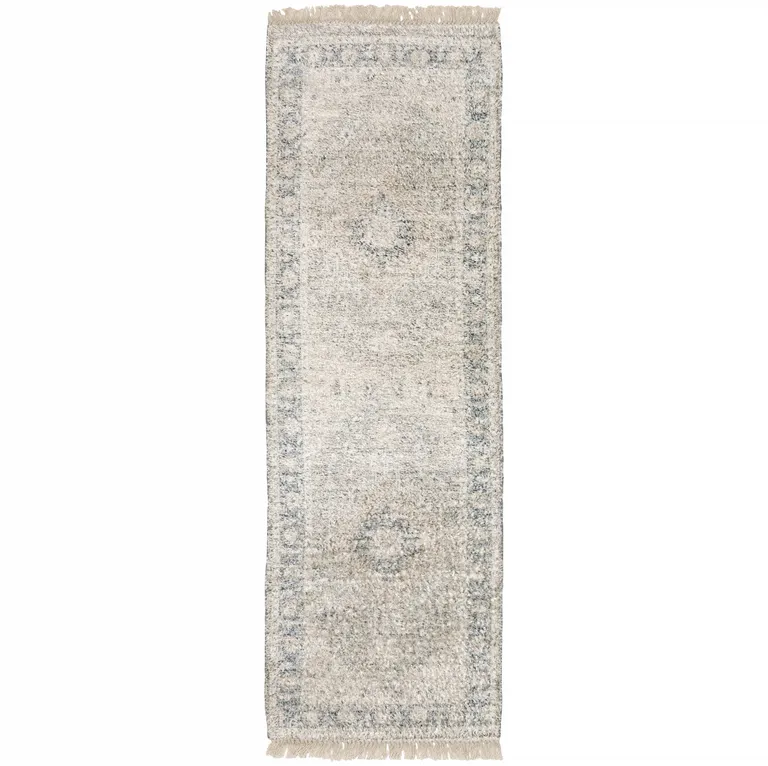 Beige And Grey Oriental Hand Loomed Stain Resistant Runner Rug With Fringe Photo 1