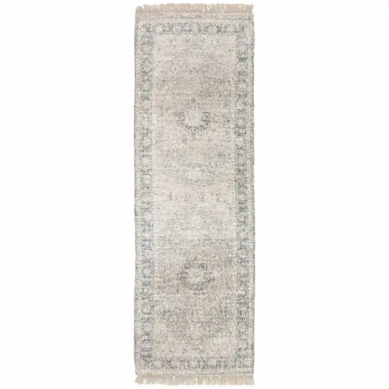 Beige And Grey Oriental Hand Loomed Stain Resistant Runner Rug With Fringe Photo 2