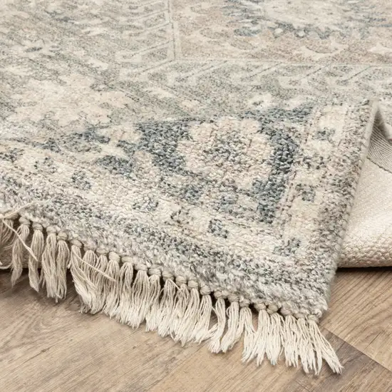 Beige And Grey Oriental Hand Loomed Stain Resistant Runner Rug With Fringe Photo 7