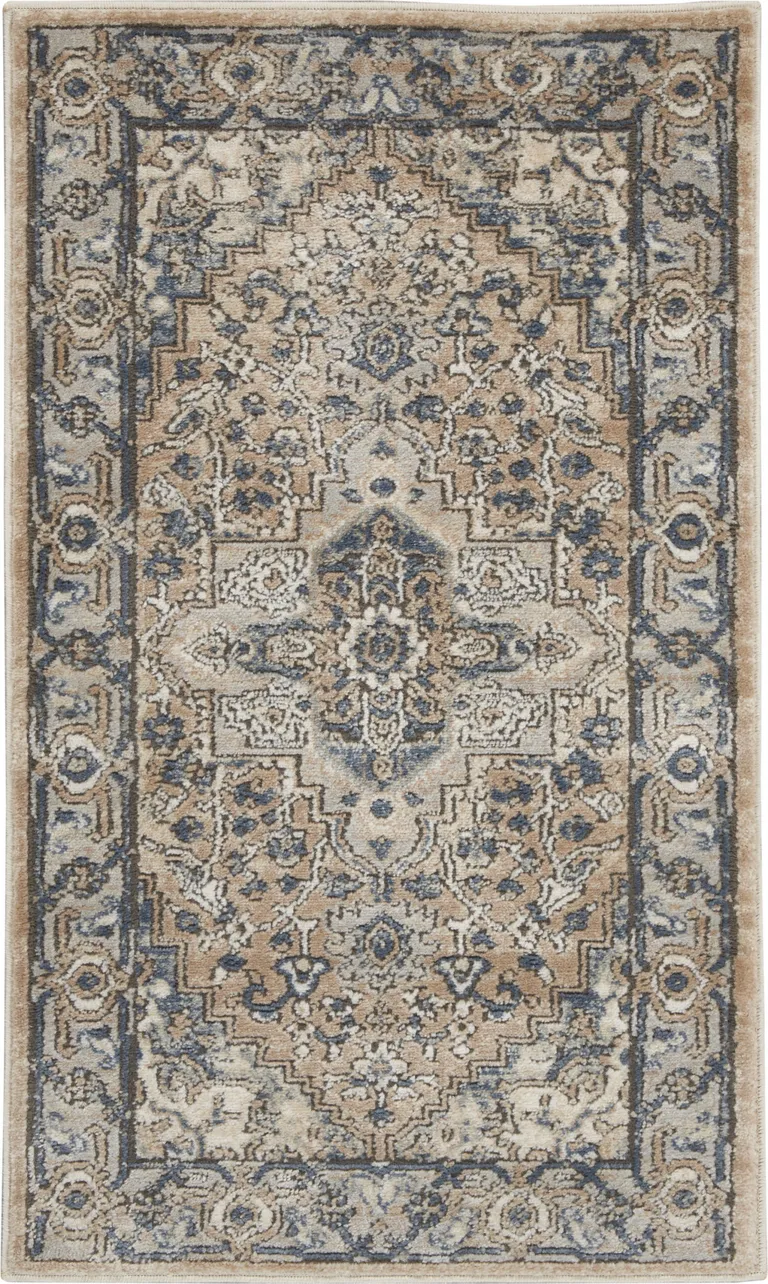 Beige And Grey Oriental Power Loom Non Skid Area Rug Photo 1