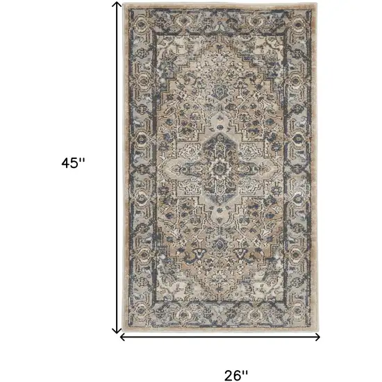 Beige And Grey Oriental Power Loom Non Skid Area Rug Photo 5