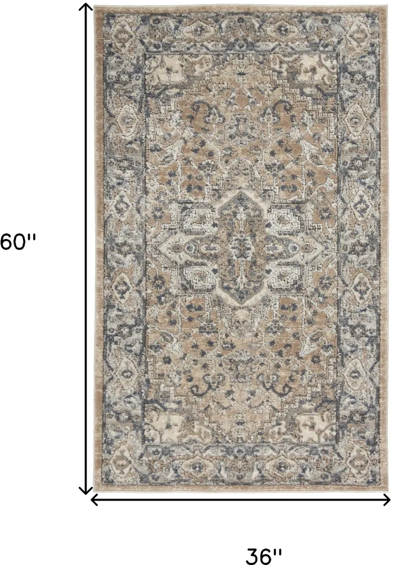 Beige And Grey Oriental Power Loom Non Skid Area Rug Photo 5