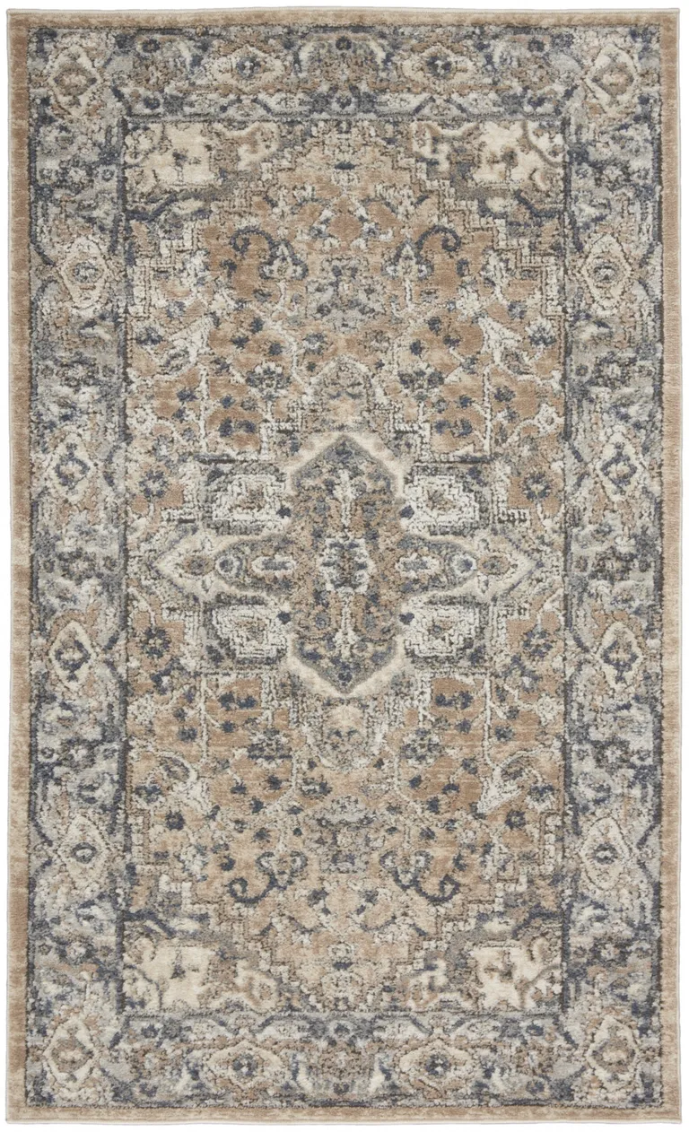 Beige And Grey Oriental Power Loom Non Skid Area Rug Photo 1