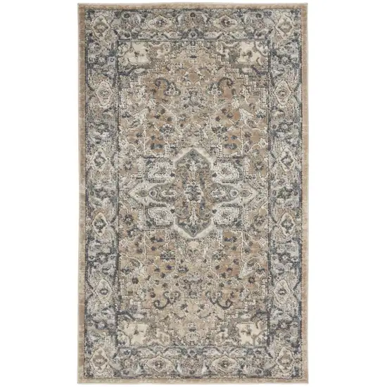 Beige And Grey Oriental Power Loom Non Skid Area Rug Photo 1