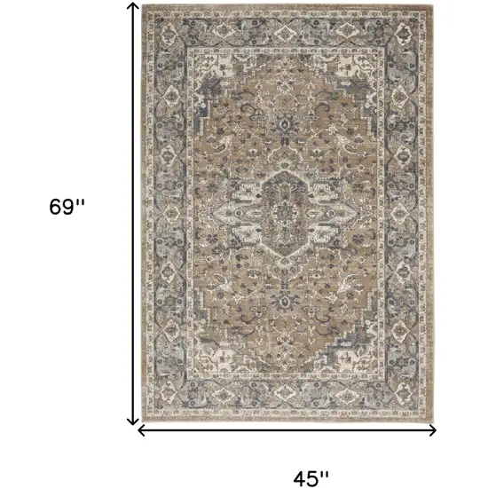 Beige And Grey Oriental Power Loom Non Skid Area Rug Photo 5