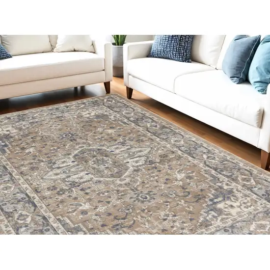 Beige And Grey Oriental Power Loom Non Skid Area Rug Photo 1