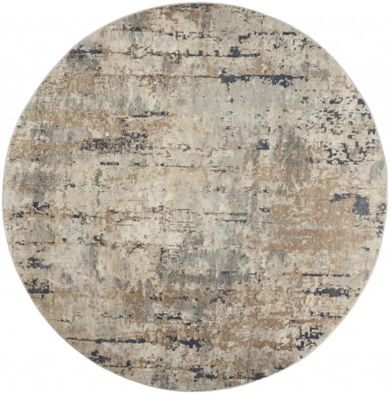 Beige And Grey Round Abstract Power Loom Non Skid Area Rug Photo 1