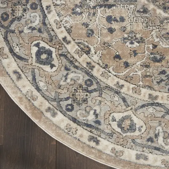 4' X 4' Beige And Grey Round Oriental Power Loom Non Skid Area Rug Photo 5