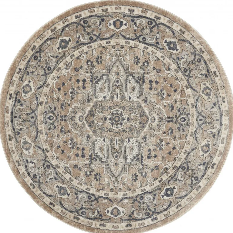 Beige And Grey Round Oriental Power Loom Non Skid Area Rug Photo 1