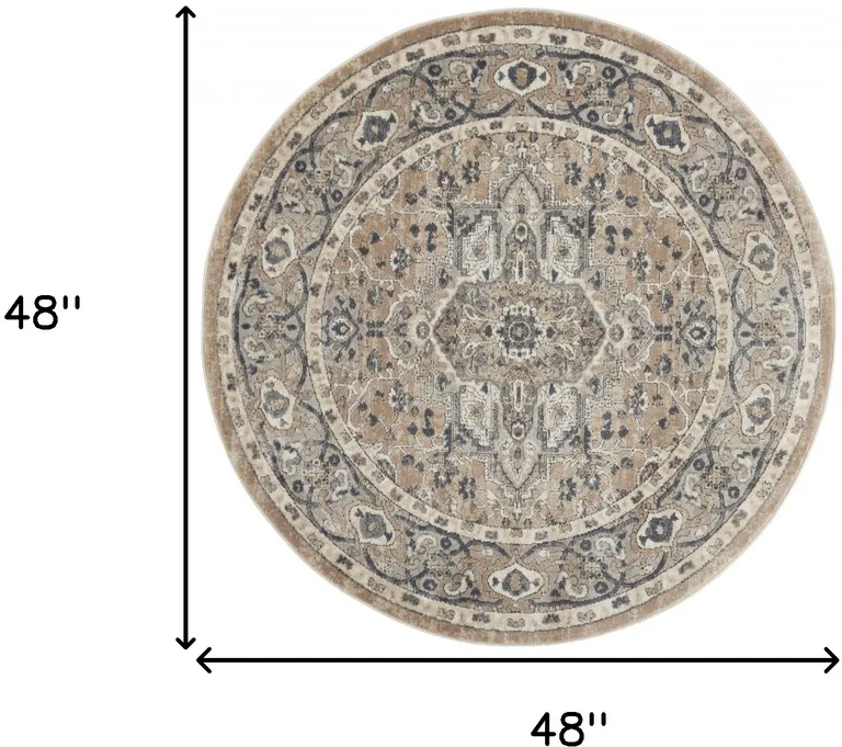 Beige And Grey Round Oriental Power Loom Non Skid Area Rug Photo 5