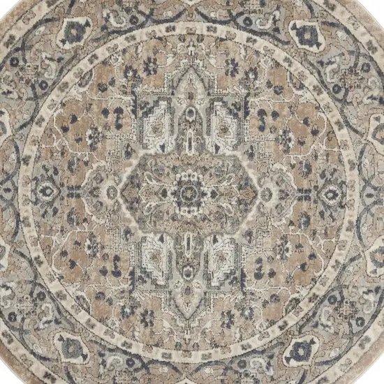 Beige And Grey Round Oriental Power Loom Non Skid Area Rug Photo 4