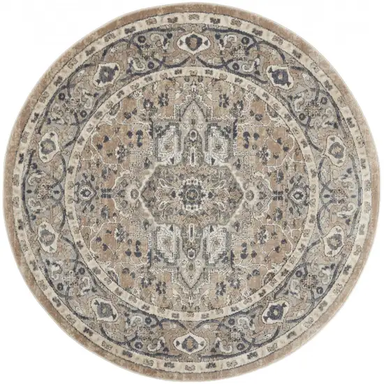 Beige And Grey Round Oriental Power Loom Non Skid Area Rug Photo 2