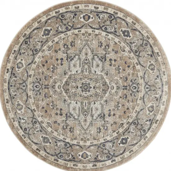 Beige And Grey Round Oriental Power Loom Non Skid Area Rug Photo 1