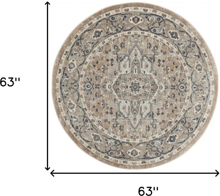 Beige And Grey Round Oriental Power Loom Non Skid Area Rug Photo 5