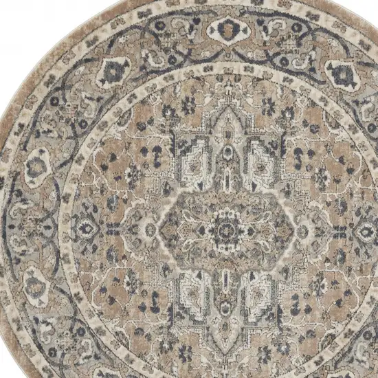 Beige And Grey Round Oriental Power Loom Non Skid Area Rug Photo 4