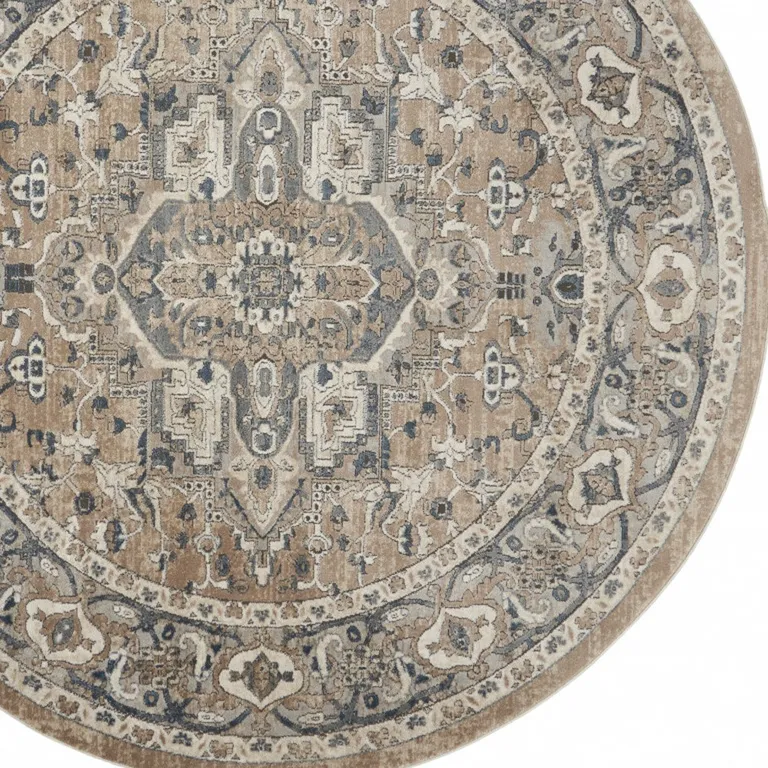 Beige And Grey Round Oriental Power Loom Non Skid Area Rug Photo 4