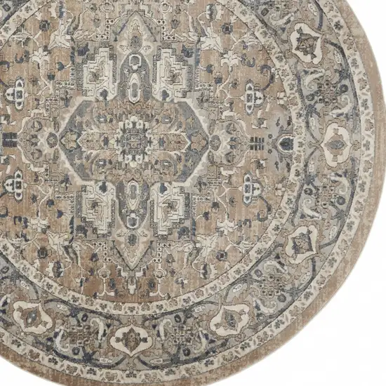 Beige And Grey Round Oriental Power Loom Non Skid Area Rug Photo 4