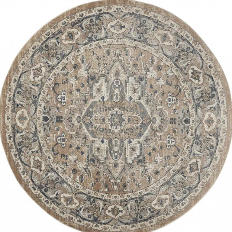 Beige And Grey Round Oriental Power Loom Non Skid Area Rug Photo 1