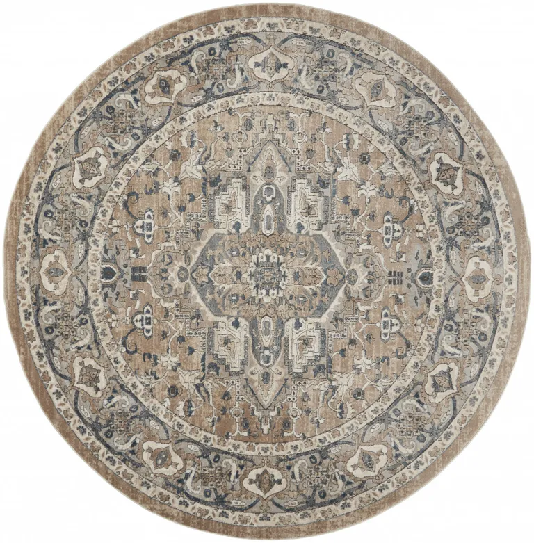 Beige And Grey Round Oriental Power Loom Non Skid Area Rug Photo 2